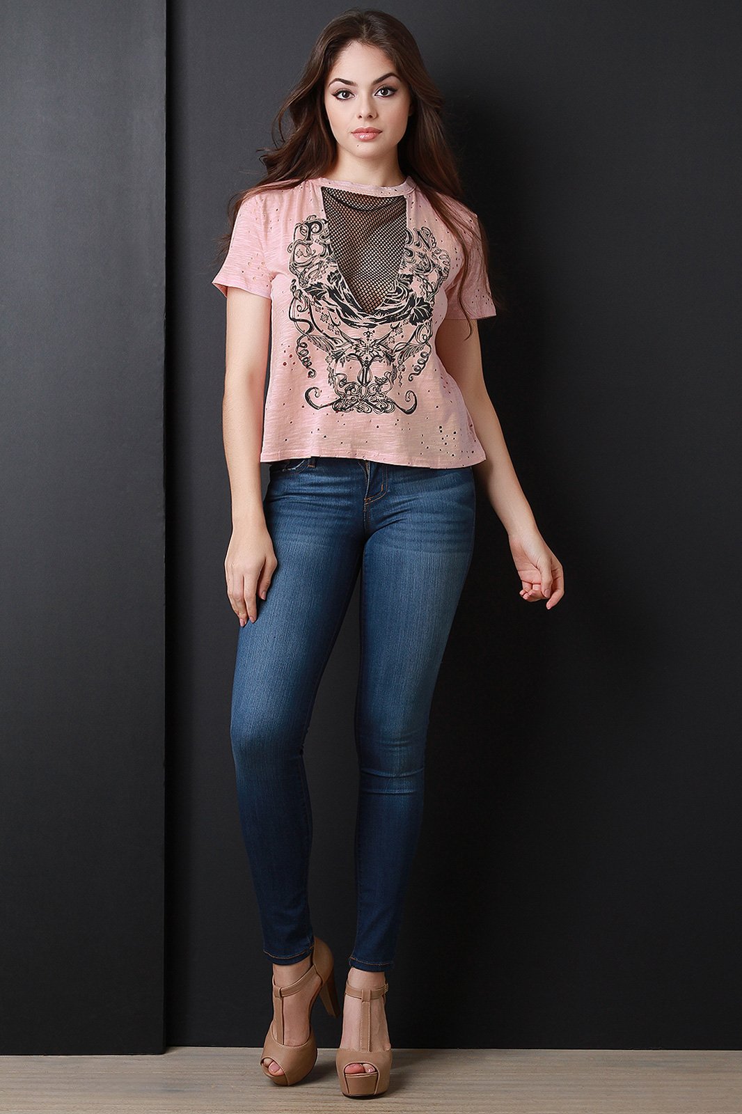 Graphic Print Round Neck Fishnet Insert Distress Top