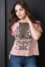 Graphic Print Round Neck Fishnet Insert Distress Top