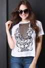 Graphic Print Round Neck Fishnet Insert Distress Top
