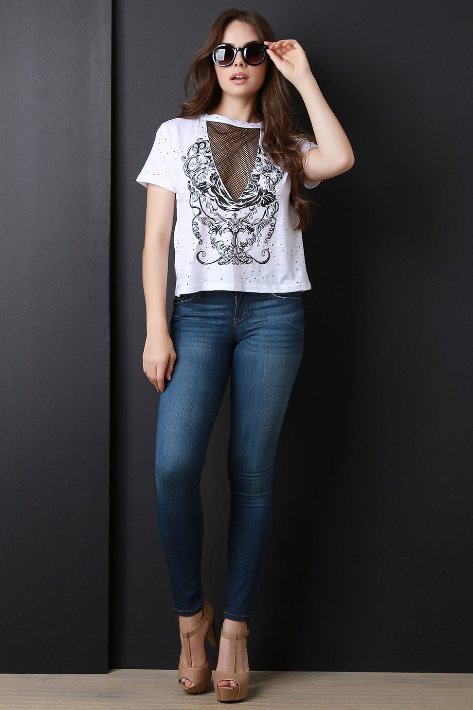 Graphic Print Round Neck Fishnet Insert Distress Top