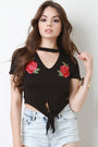 Floral Applique Knotted Hem Cut Out Yoke Crop Top - NoveltyOne