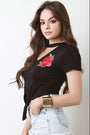 Floral Applique Knotted Hem Cut Out Yoke Crop Top - NoveltyOne