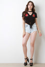 Floral Applique Knotted Hem Cut Out Yoke Crop Top - NoveltyOne