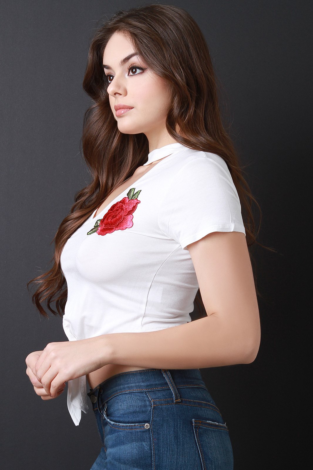 Floral Applique Knotted Hem Cut Out Yoke Crop Top - NoveltyOne