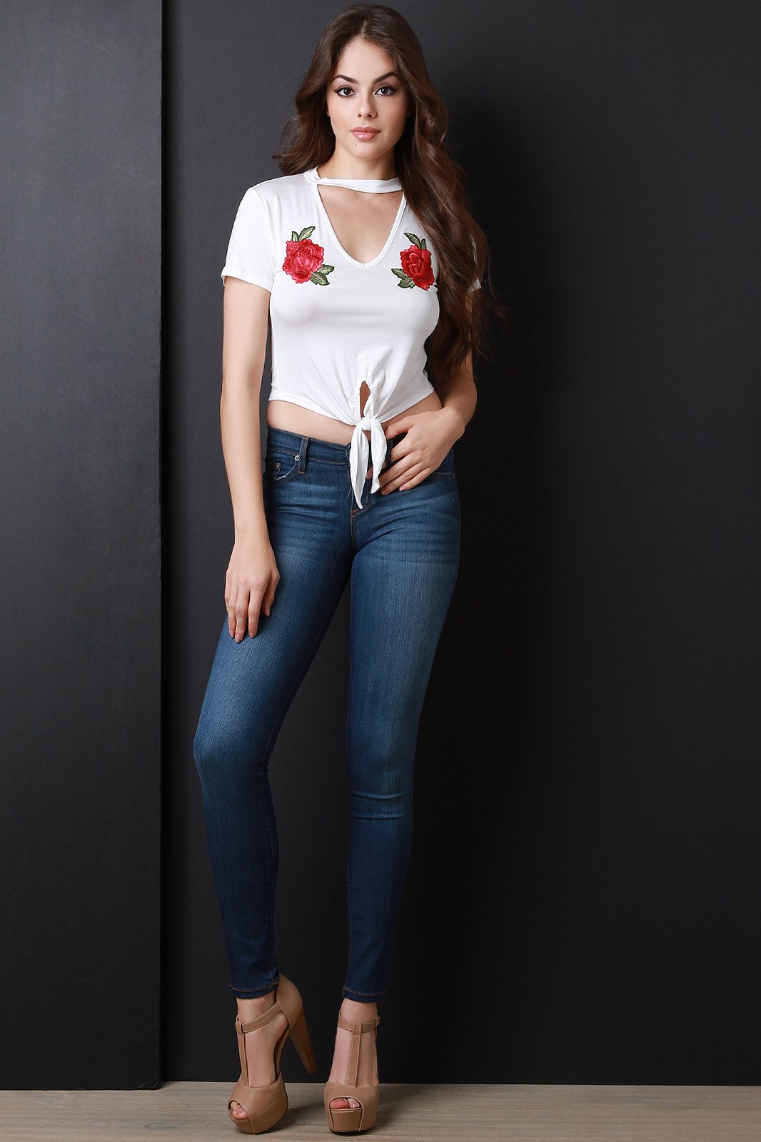 Floral Applique Knotted Hem Cut Out Yoke Crop Top - NoveltyOne