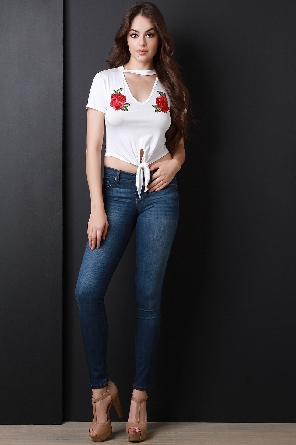 Floral Applique Knotted Hem Cut Out Yoke Crop Top - NoveltyOne