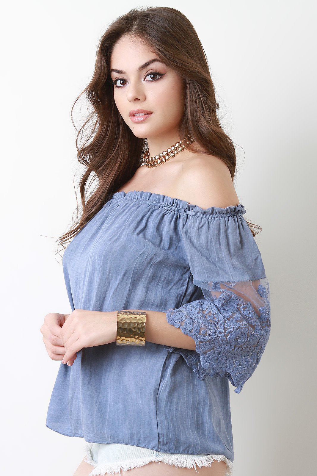 Off The Shoulder Crochet Mesh Three Quarter Sleeve Top