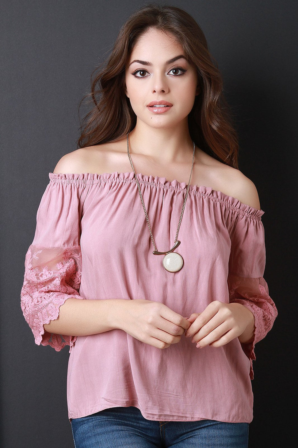 Off The Shoulder Crochet Mesh Three Quarter Sleeve Top