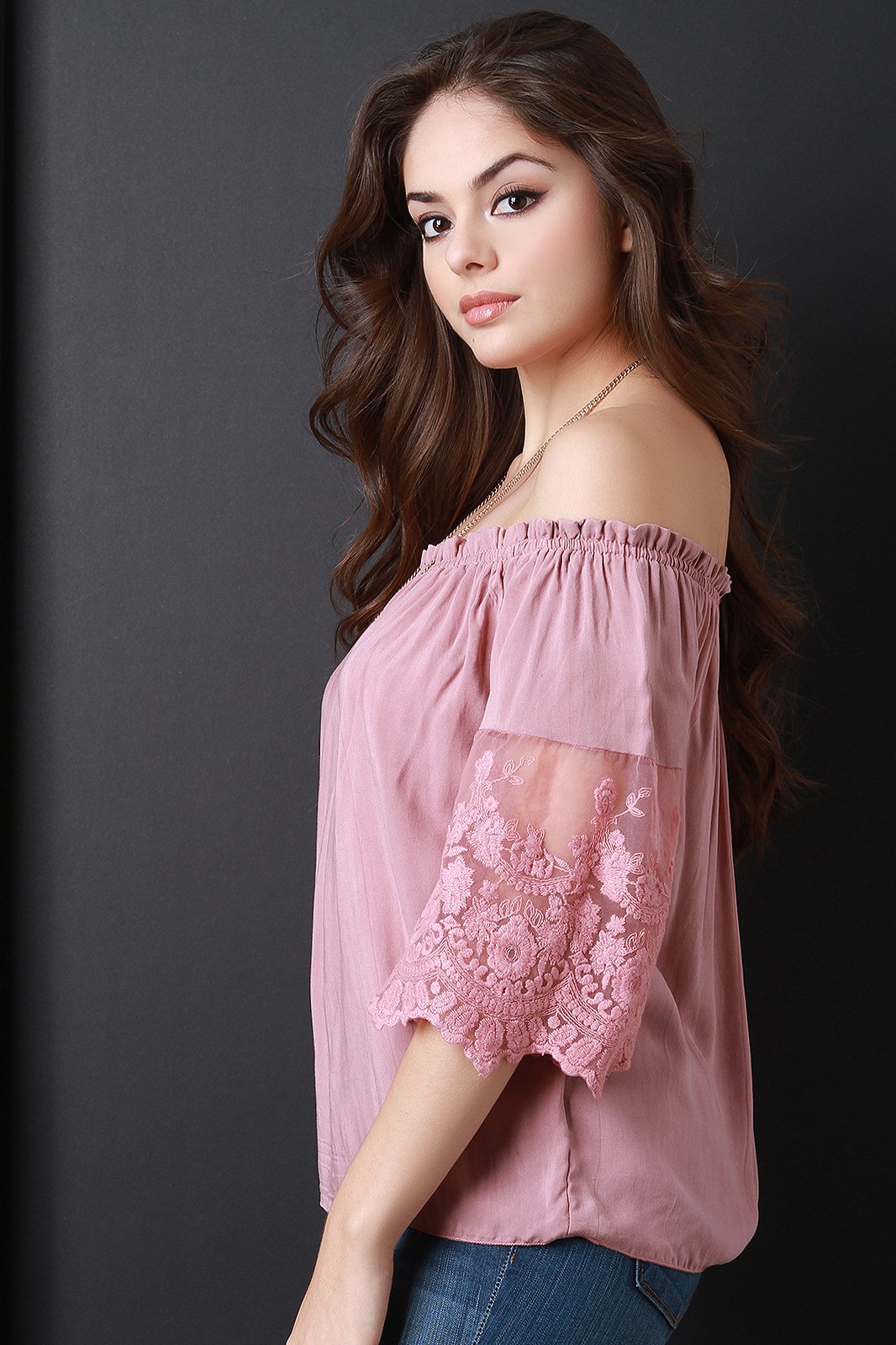 Off The Shoulder Crochet Mesh Three Quarter Sleeve Top