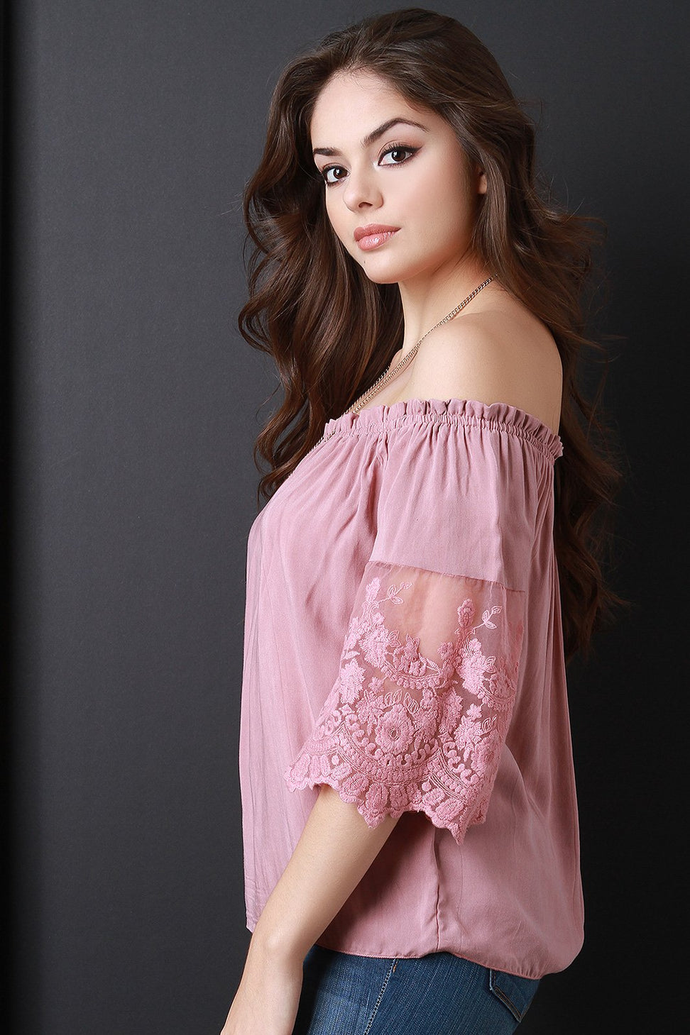 Off The Shoulder Crochet Mesh Three Quarter Sleeve Top