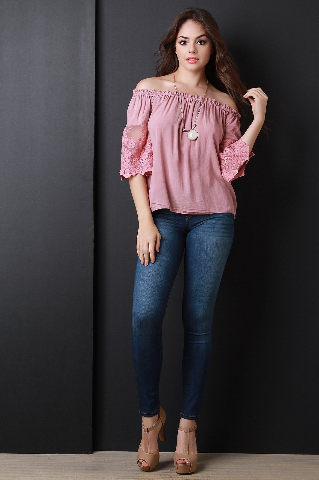 Off The Shoulder Crochet Mesh Three Quarter Sleeve Top