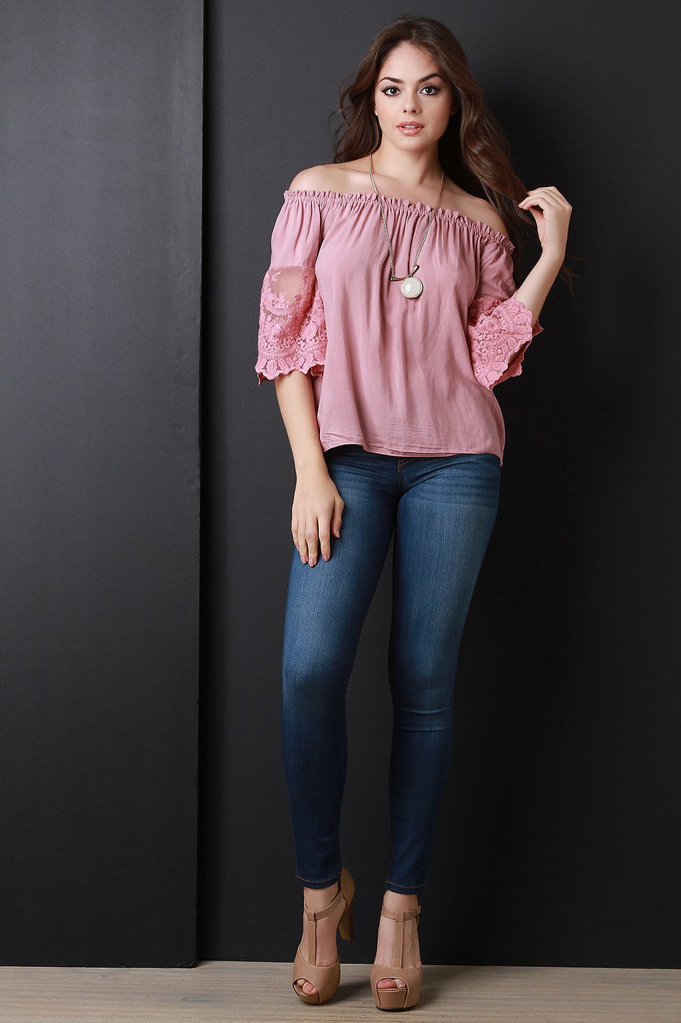 Off The Shoulder Crochet Mesh Three Quarter Sleeve Top