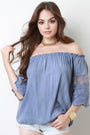 Off The Shoulder Crochet Mesh Three Quarter Sleeve Top