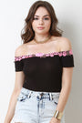 Ribbed Knit Off The Shoulder Floral Applique Bodysuit