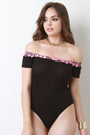Ribbed Knit Off The Shoulder Floral Applique Bodysuit