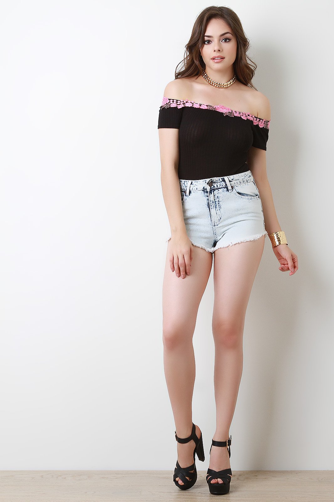 Ribbed Knit Off The Shoulder Floral Applique Bodysuit