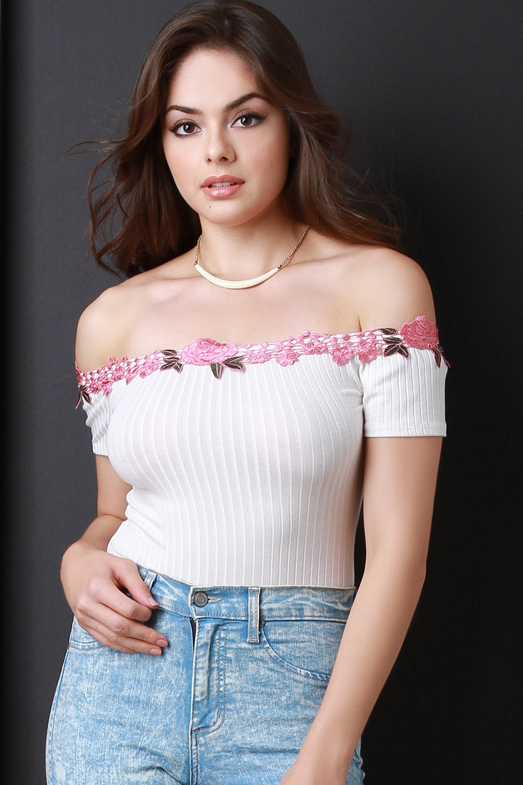 Ribbed Knit Off The Shoulder Floral Applique Bodysuit