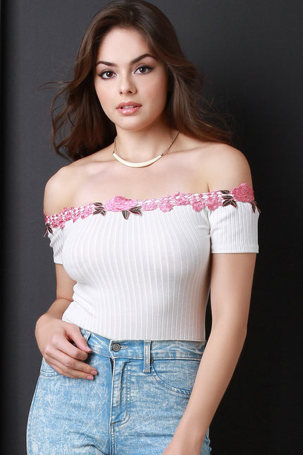 Ribbed Knit Off The Shoulder Floral Applique Bodysuit