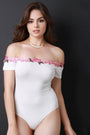 Ribbed Knit Off The Shoulder Floral Applique Bodysuit