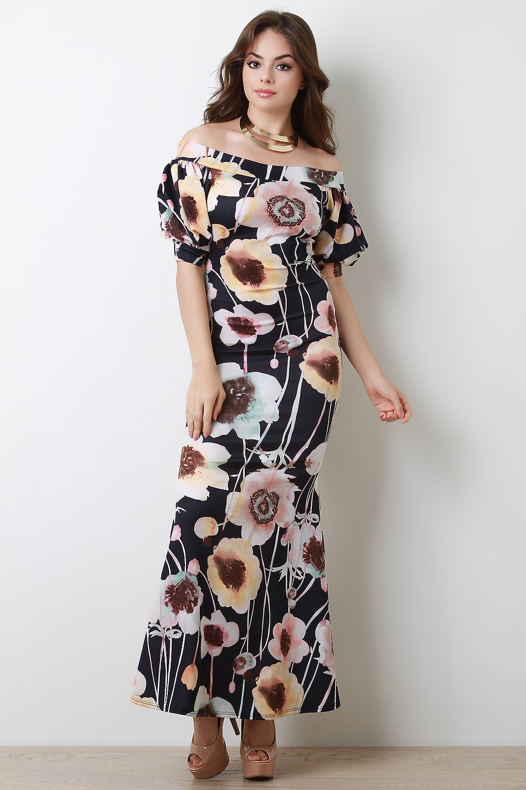 Floral Off The Shoulder Bishop Sleeve Mermaid Maxi Dress