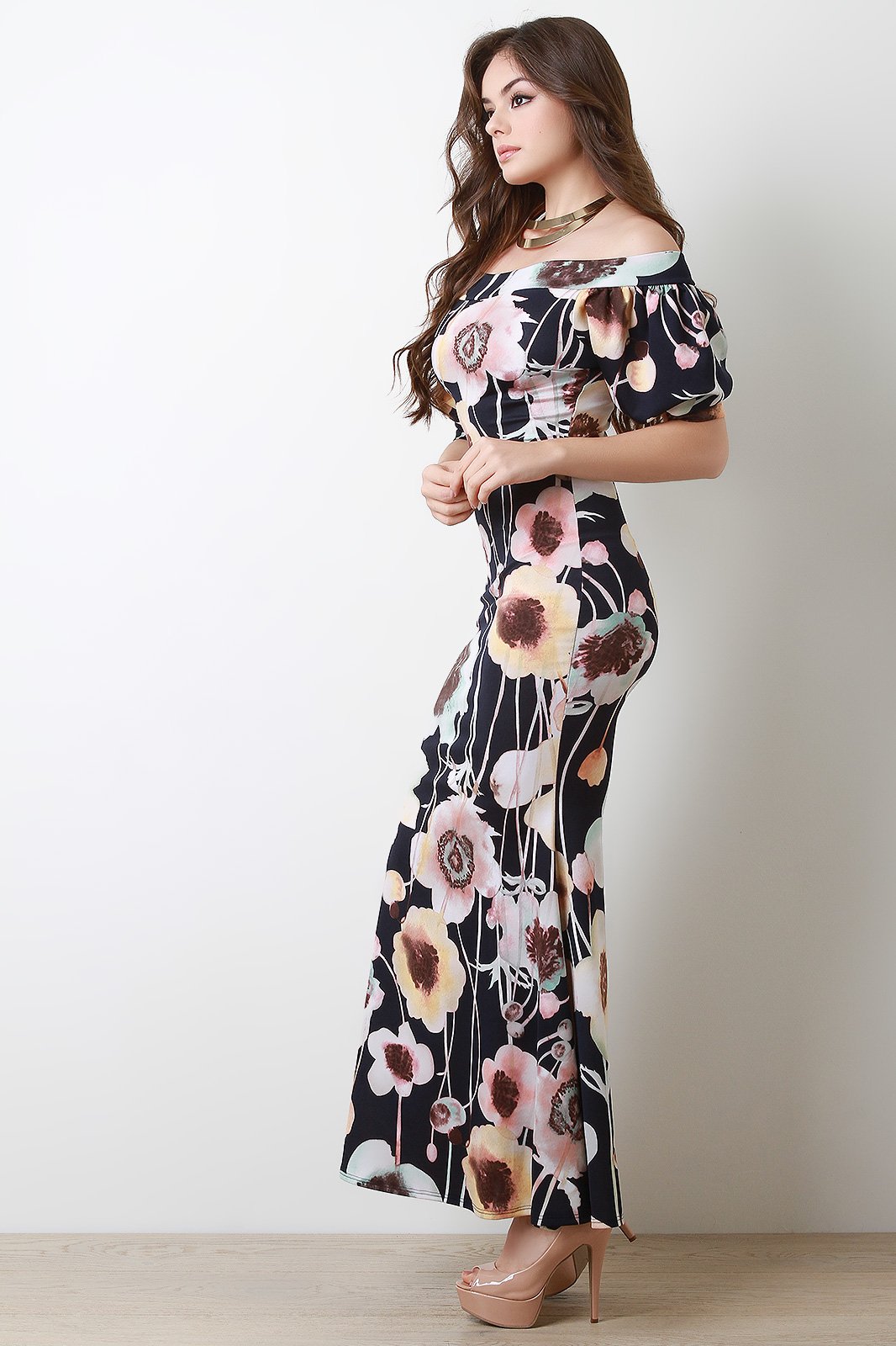Floral Off The Shoulder Bishop Sleeve Mermaid Maxi Dress