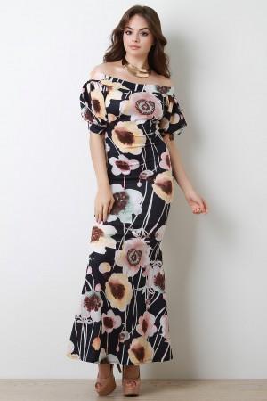 Floral Off The Shoulder Bishop Sleeve Mermaid Maxi Dress
