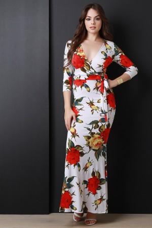 Floral Print Three Quarter Sleeve Surplice Maxi Dress