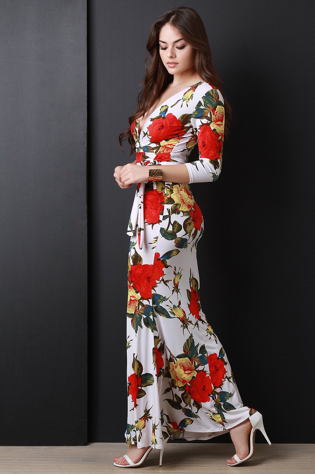 Floral Print Three Quarter Sleeve Surplice Maxi Dress