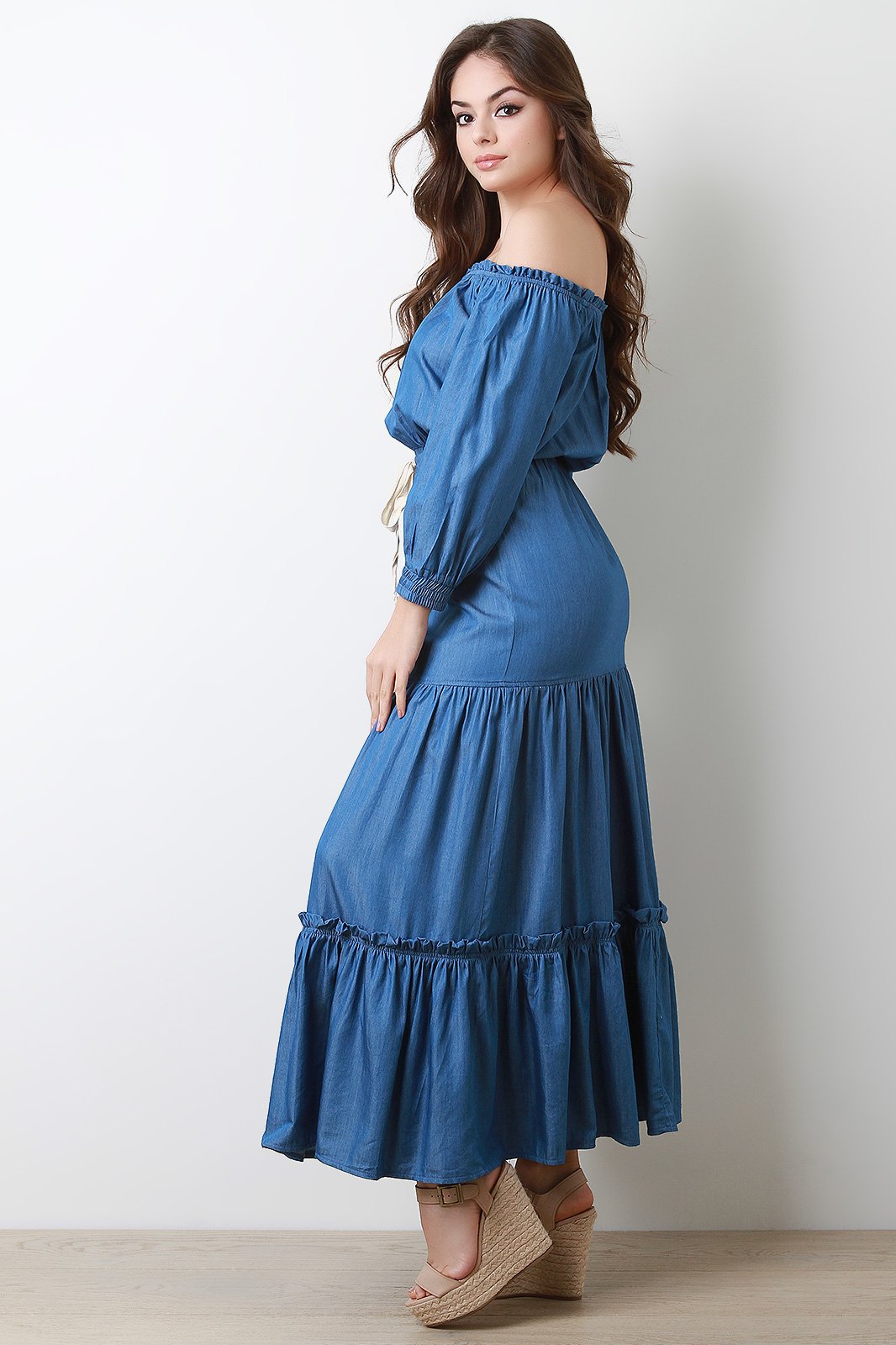 Chambray Off The Shoulder Tiered Maxi Dress