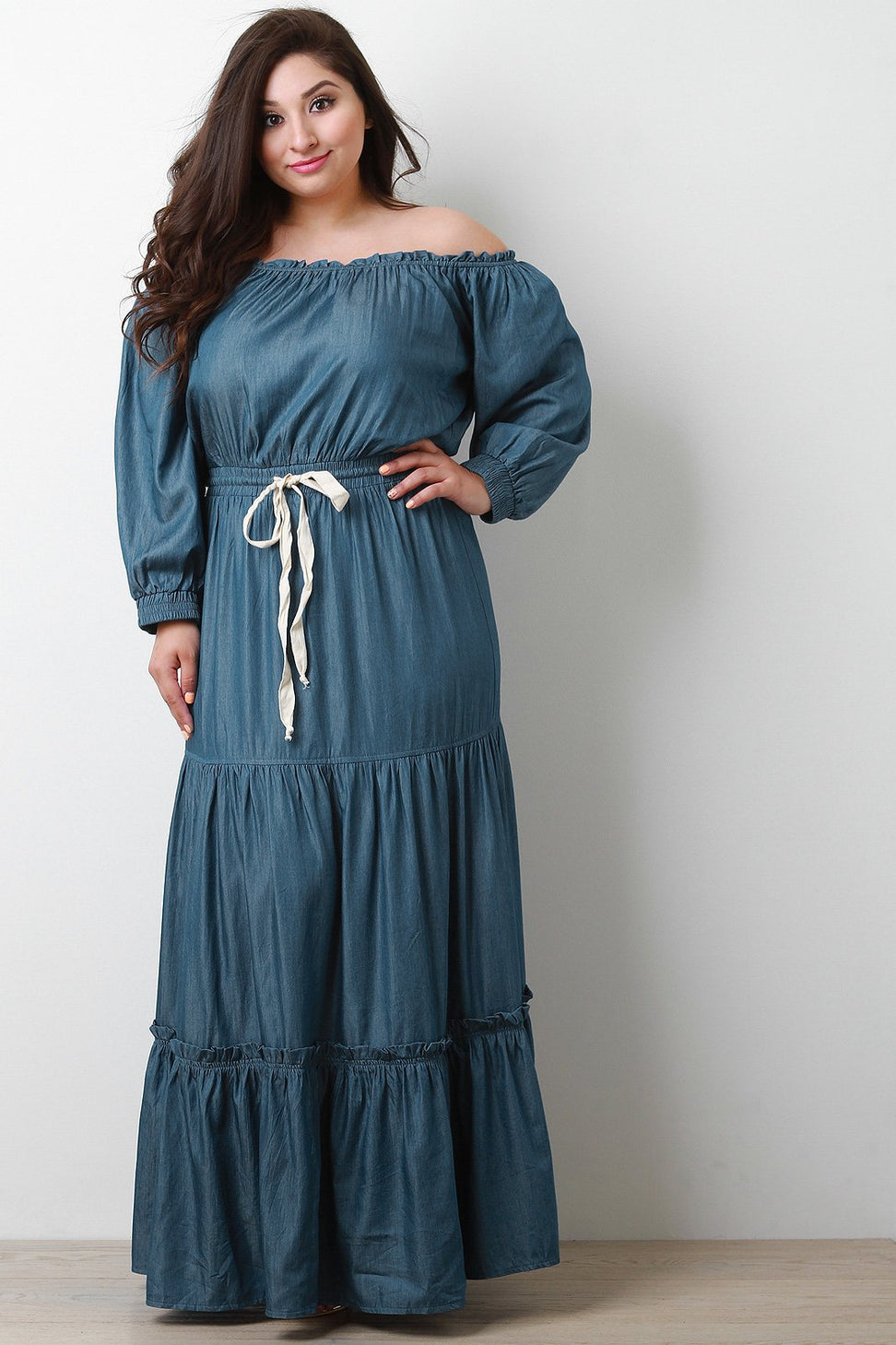 Tiered Off-The-Shoulder Long Sleeves Chambray Maxi Dress