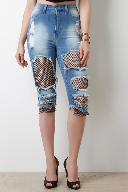 Destroyed Denim Fishnet-Inset Fray Hem Capri Jeans - NoveltyOne