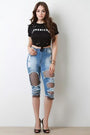 Destroyed Denim Fishnet-Inset Fray Hem Capri Jeans - NoveltyOne