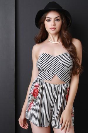 Striped Keyhole Cutout Midsection Strapless Romper