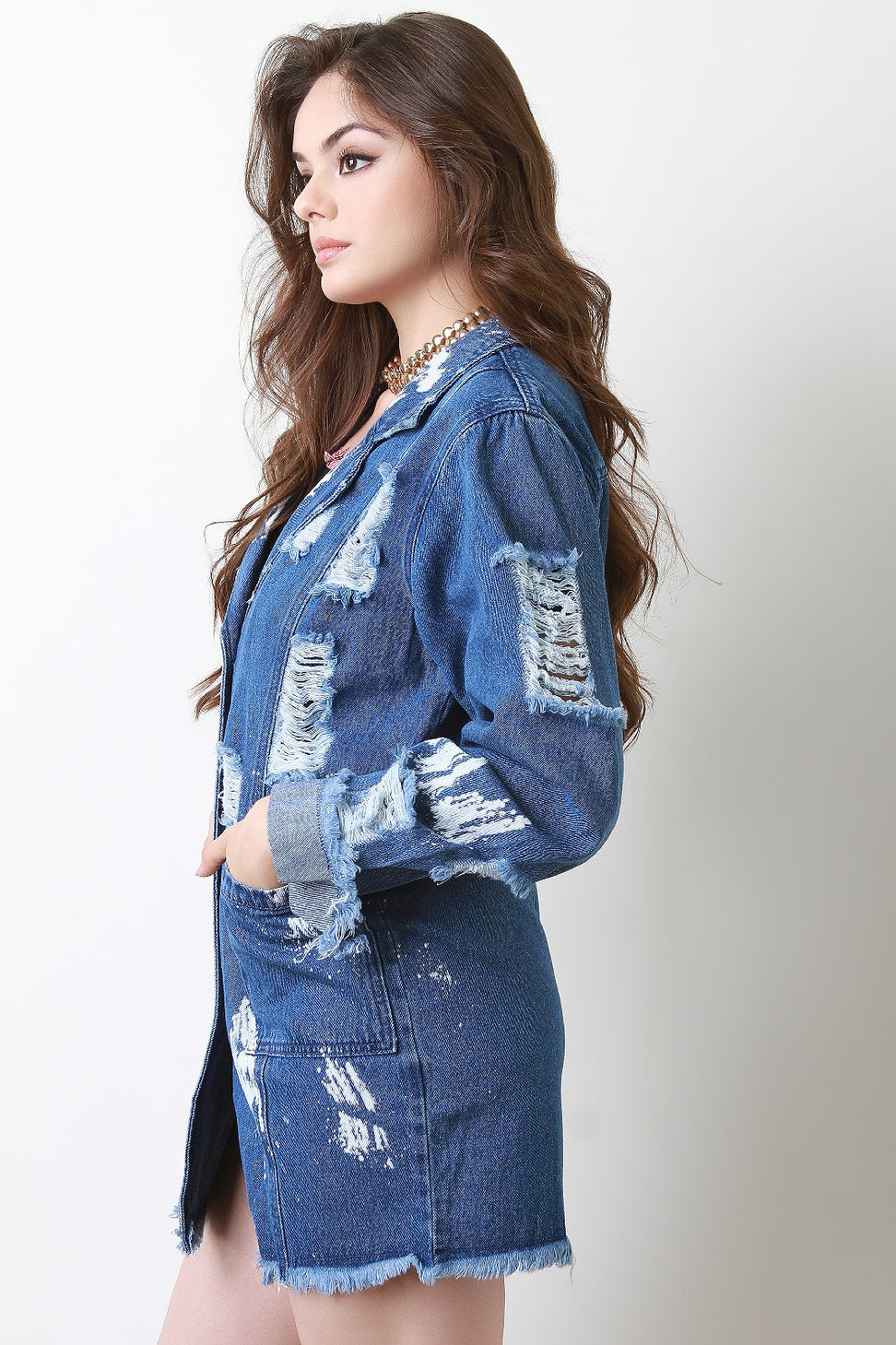 Distressed Bleach Longline Denim Jacket - NoveltyOne
