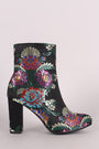 Floral Brocade Satin Chunky Heeled Ankle Boots - NoveltyOne
