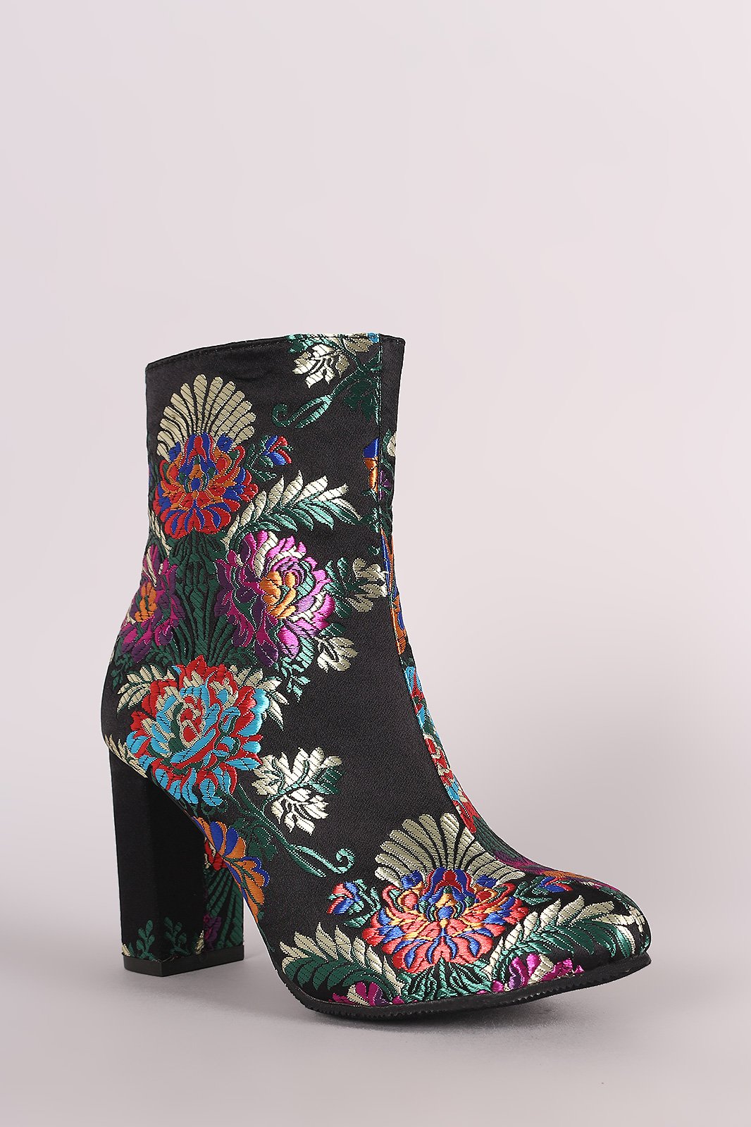 Floral Brocade Satin Chunky Heeled Ankle Boots - NoveltyOne