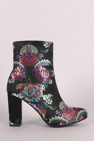 Floral Brocade Satin Chunky Heeled Ankle Boots - NoveltyOne