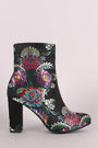 Floral Brocade Satin Chunky Heeled Ankle Boots - NoveltyOne