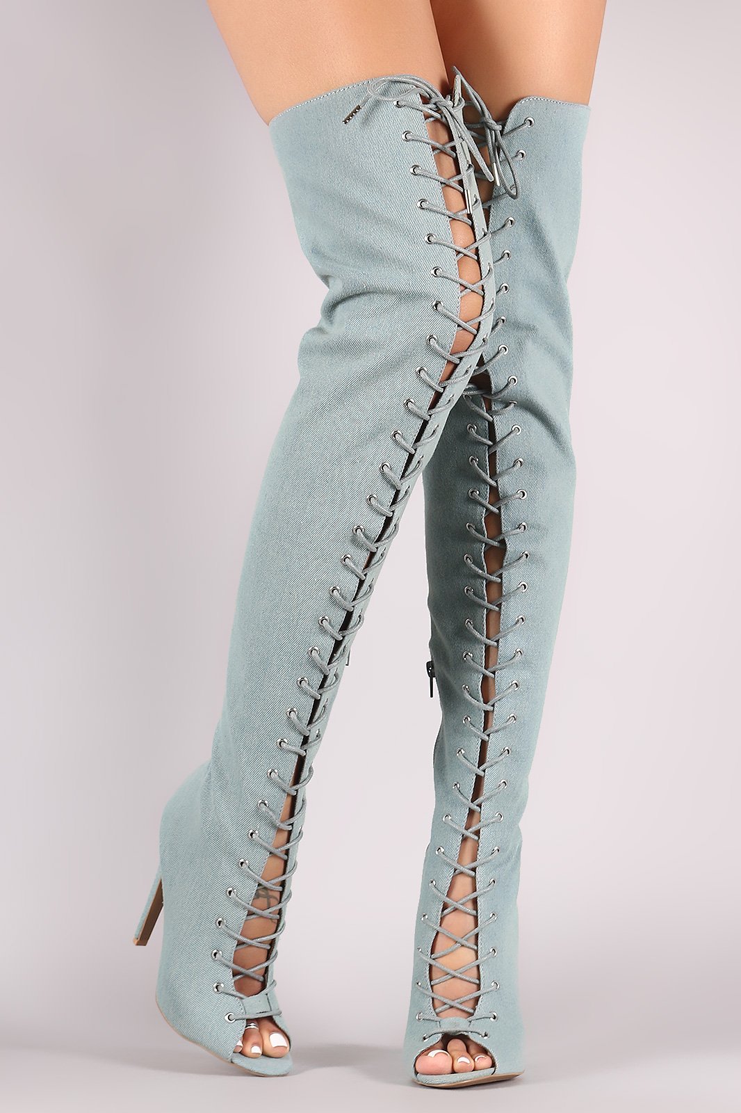 Qupid Denim Peep Toe Lace Up Stiletto Over-The-Knee Boots