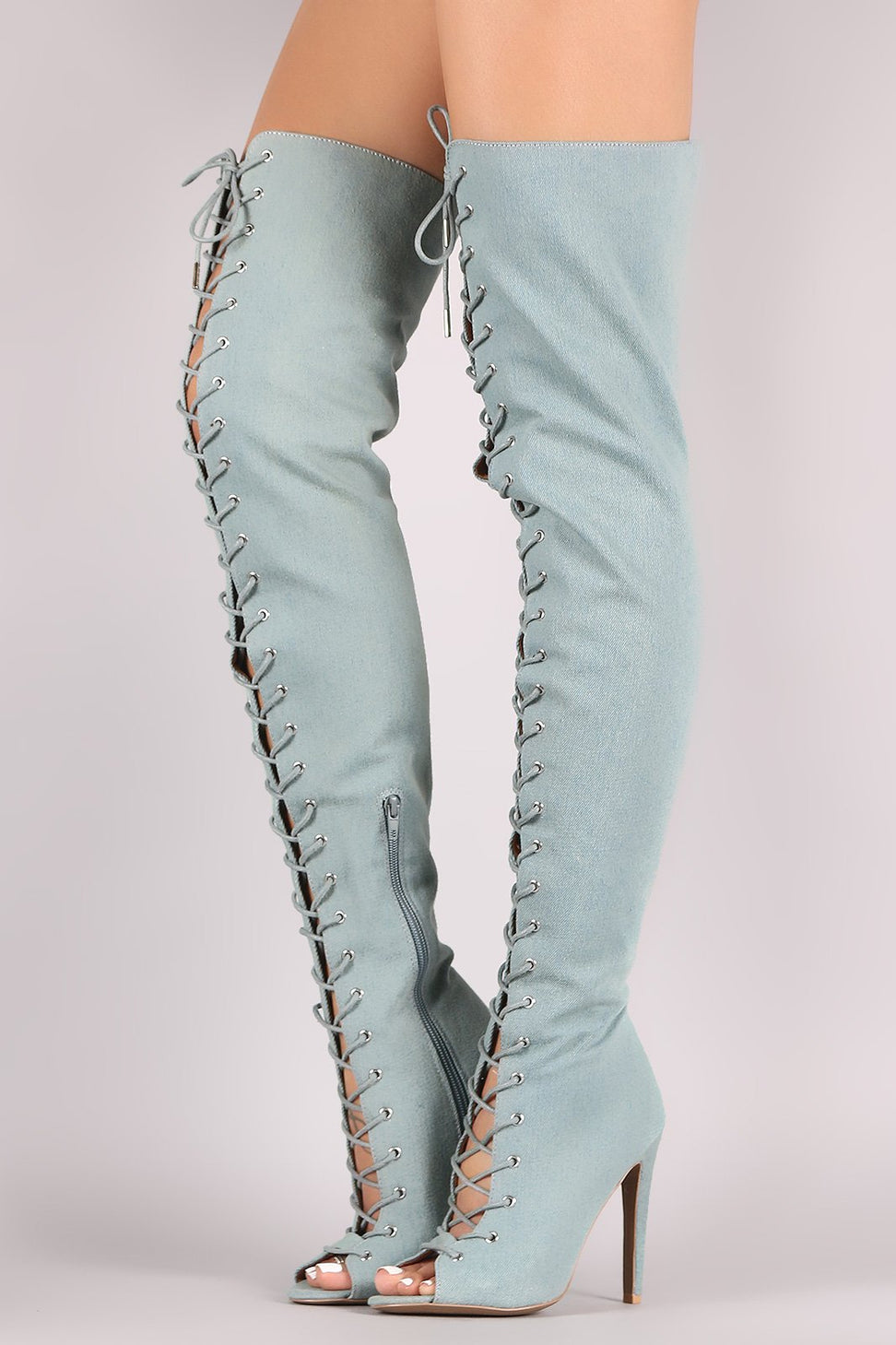 Qupid Denim Peep Toe Lace Up Stiletto Over-The-Knee Boots