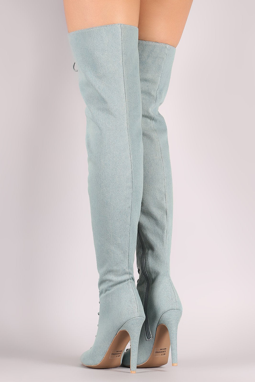 Qupid Denim Peep Toe Lace Up Stiletto Over-The-Knee Boots