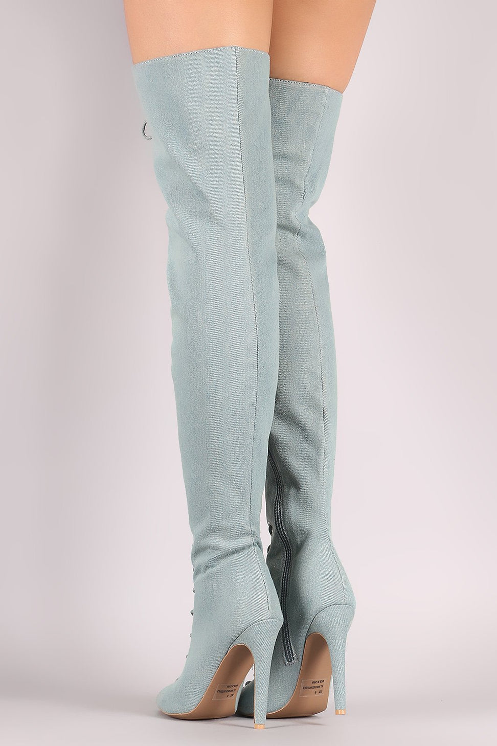 Qupid Denim Peep Toe Lace Up Stiletto Over-The-Knee Boots