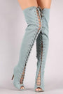 Qupid Denim Peep Toe Lace Up Stiletto Over-The-Knee Boots