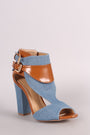 Denim Cutout Peep Toe Double Buckled Chunky Heel