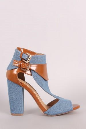 Denim Cutout Peep Toe Double Buckled Chunky Heel