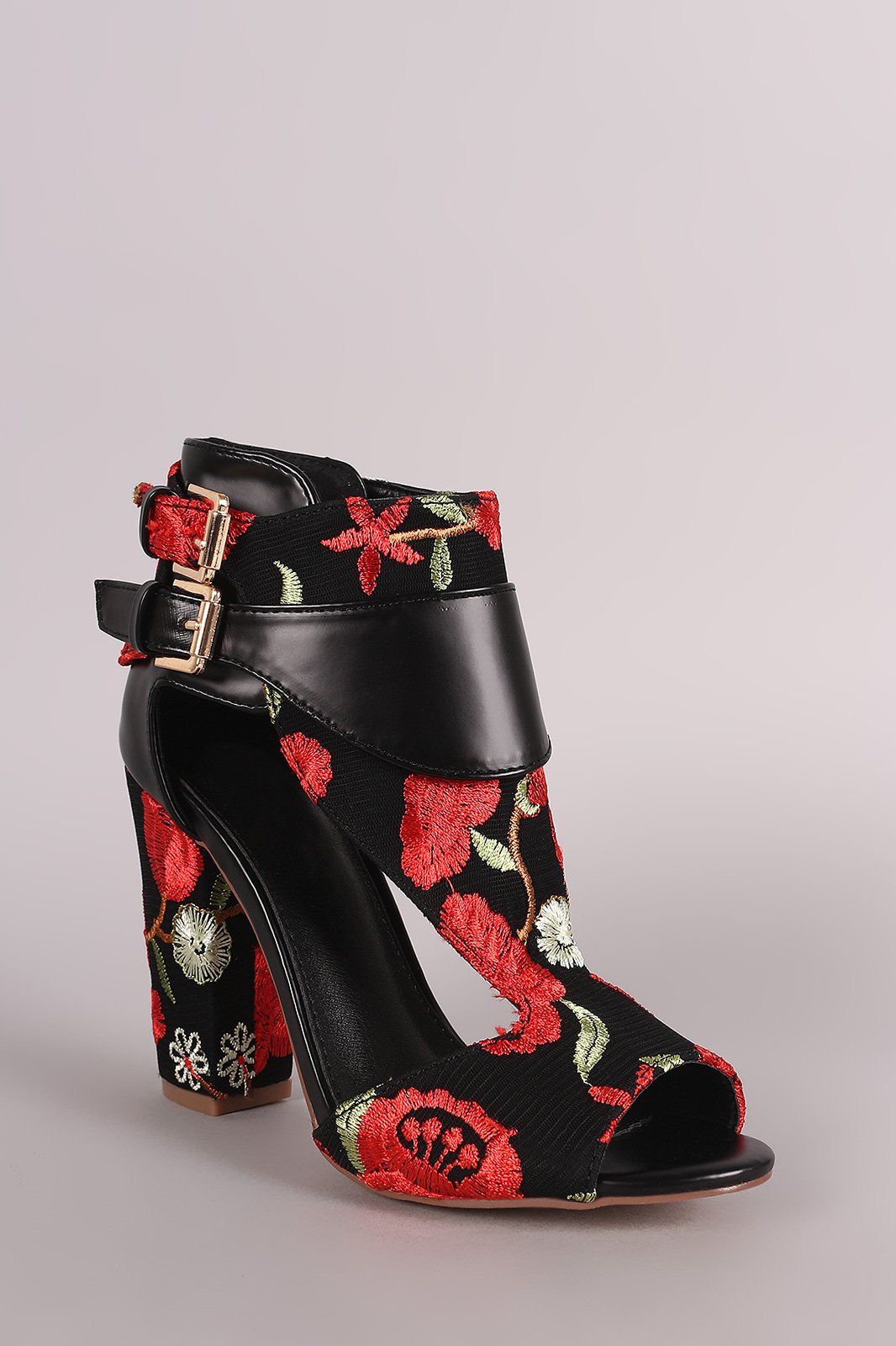 Embroidered Floral Cutout Peep Toe Chunky Heel