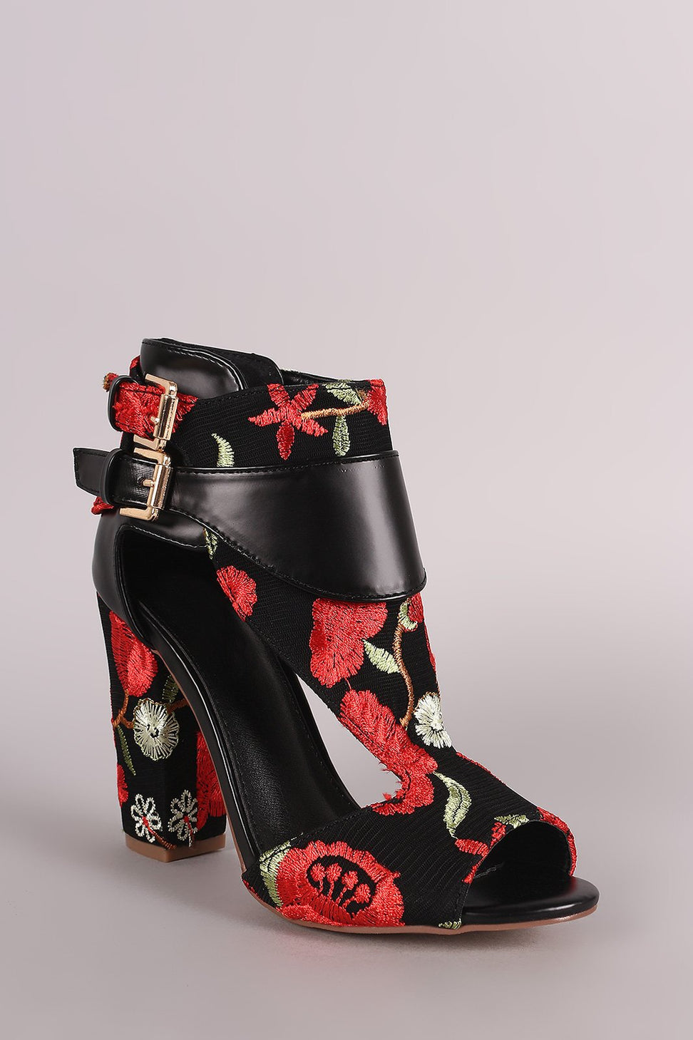 Embroidered Floral Cutout Peep Toe Chunky Heel