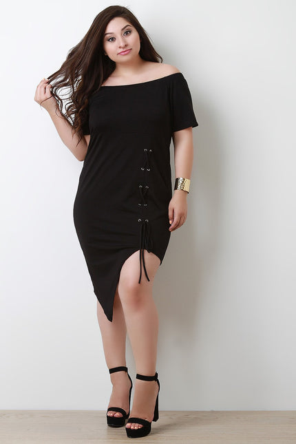 Lace Up Bardot Asymmetrical Midi Dress