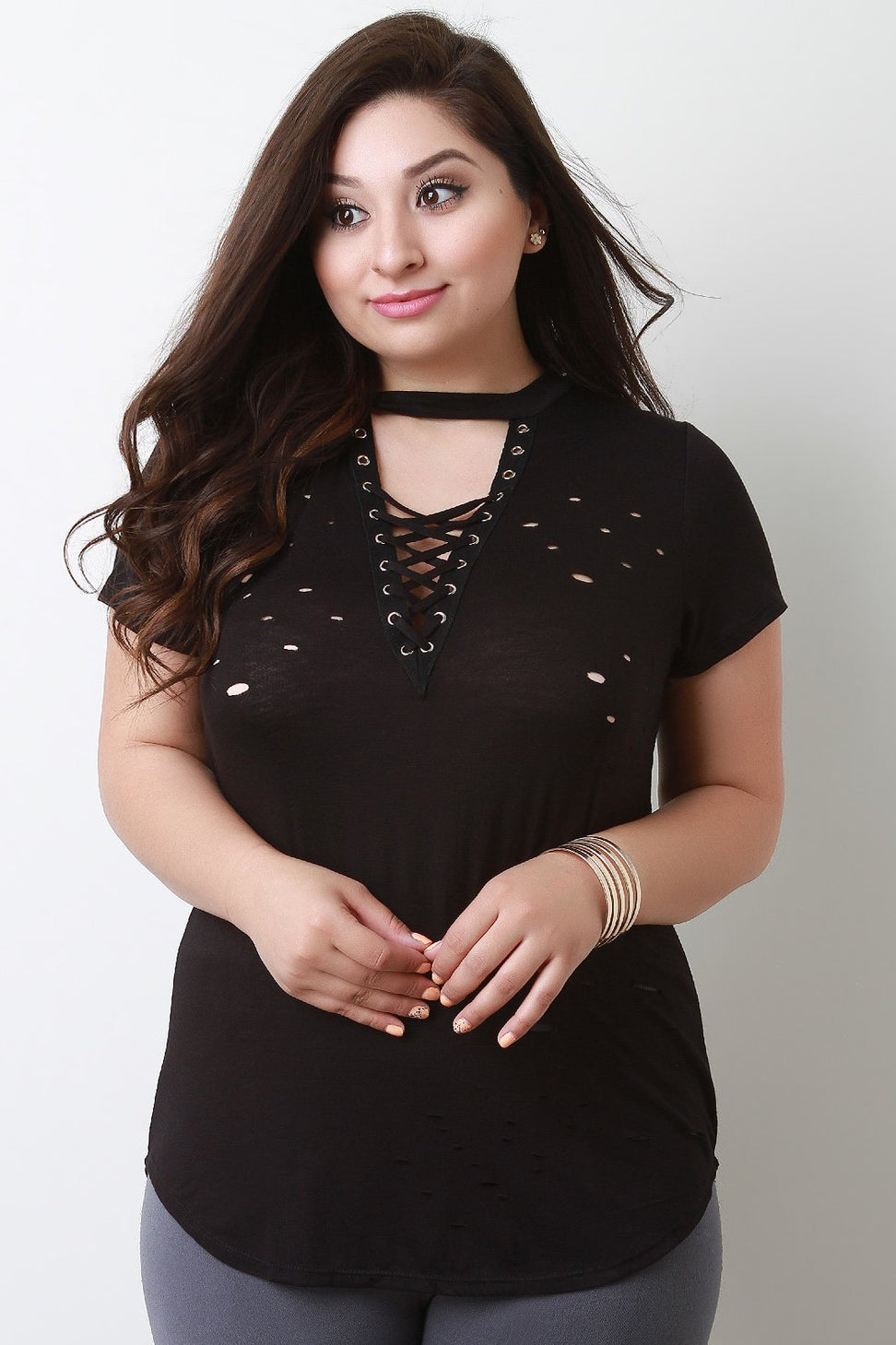 Distressed Jersey Knit Choker Neck Lace Up Top - NoveltyOne