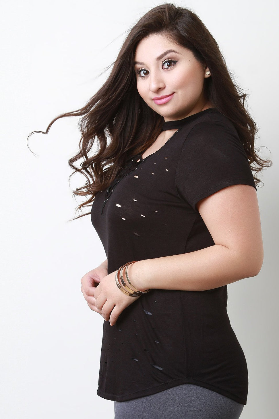 Distressed Jersey Knit Choker Neck Lace Up Top - NoveltyOne